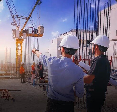 Canteiro de obras ao entardecer com guindastes, capacetes e plantas de projeto
